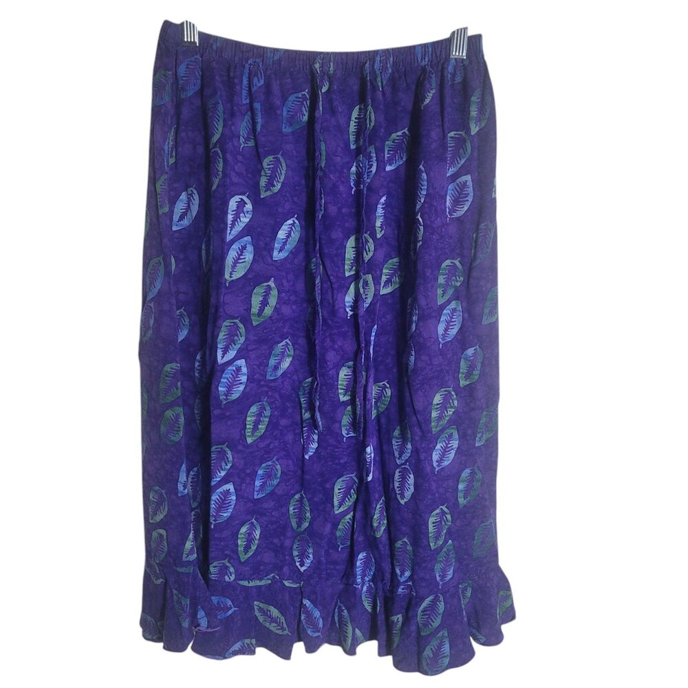Peaceful People Botanical Leaf Print Midi Skirt Women's Large‎ Purple Rayon Boho